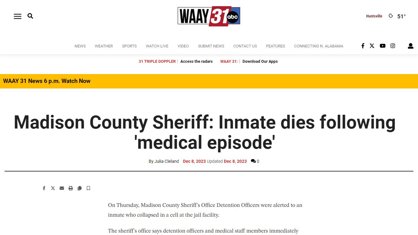 Madison County Sheriff: Inmate dies following 'medical episode'